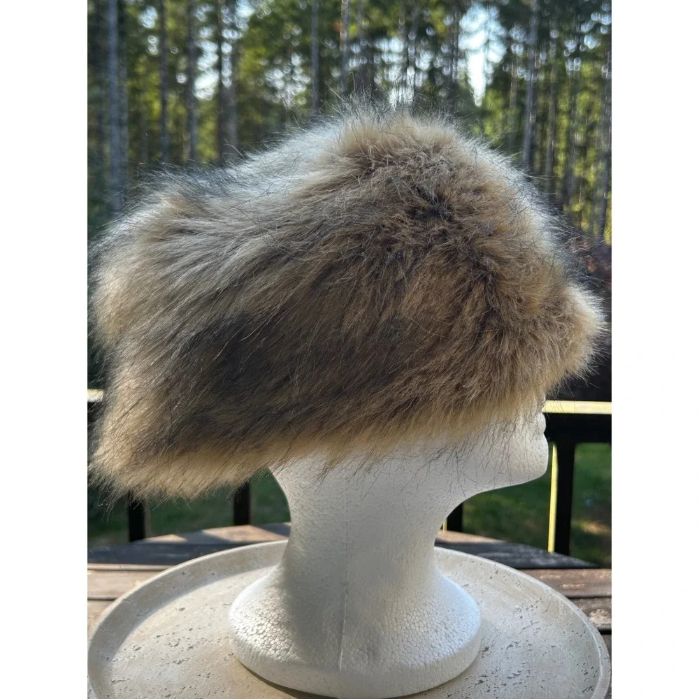 Brown Faux Fur Pillbox Hat Women's Winter Cossack Russian Style Cap 23 Inch
